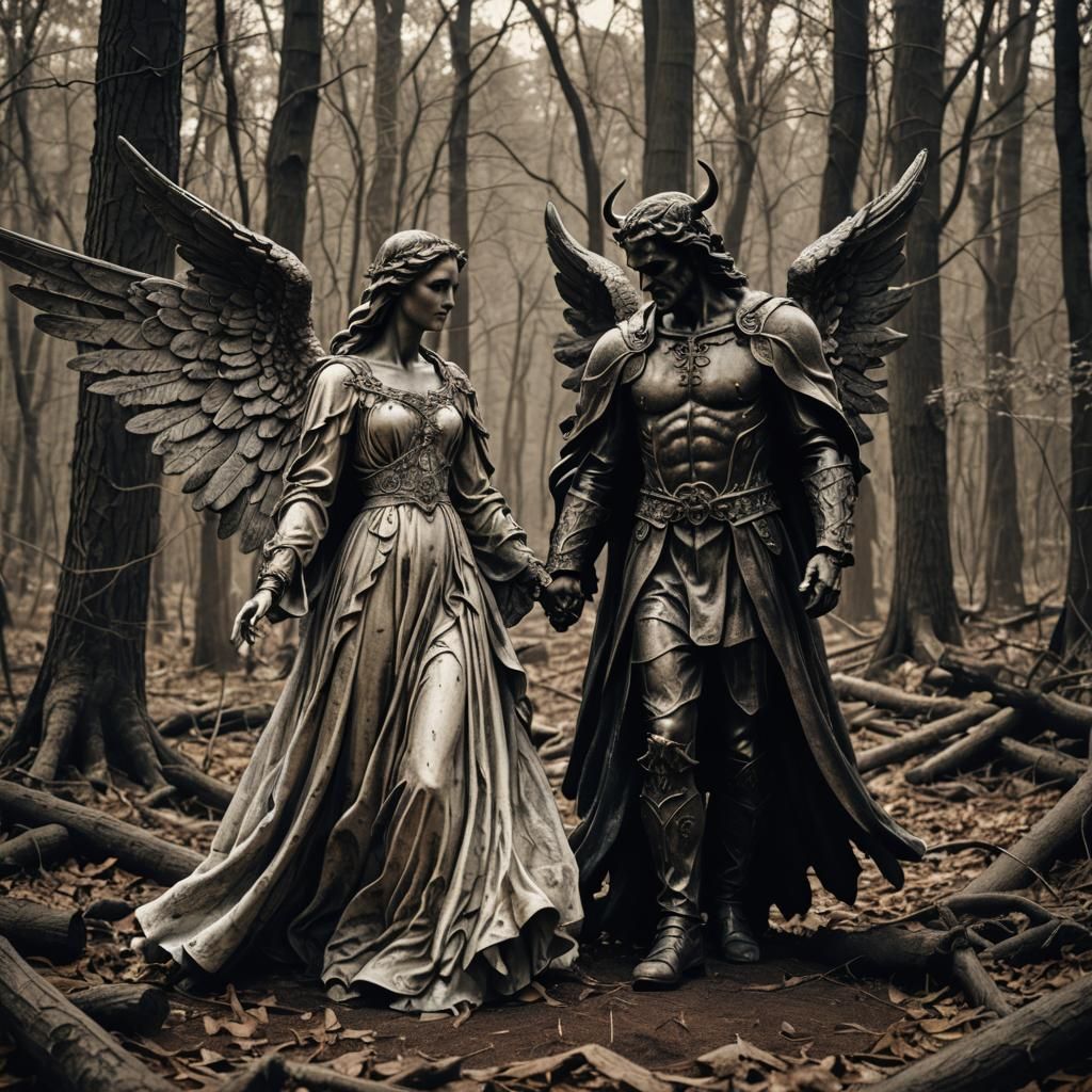 Angelic and Demonic Couple in Hyperrealistic Forest