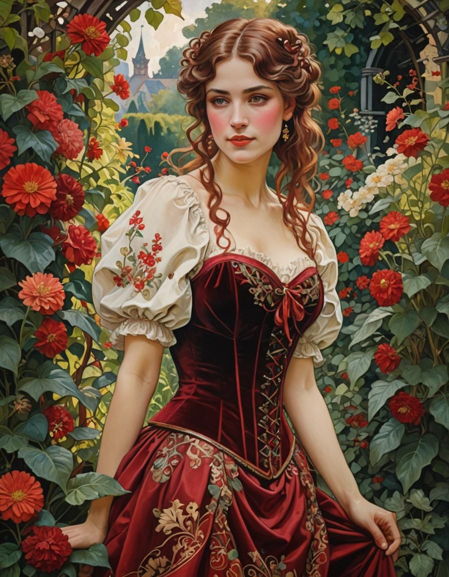 A beautiful young woman In a red velvet Corset top and skirt...