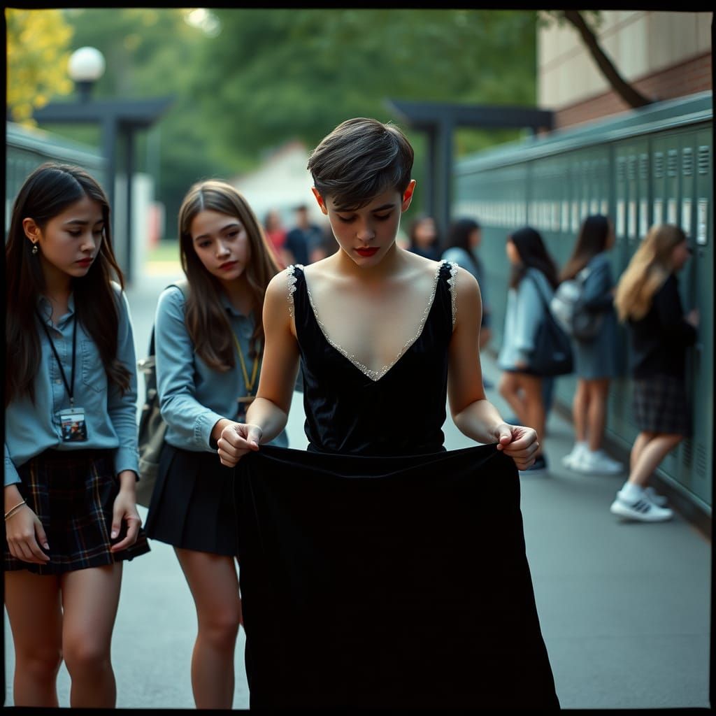 Mischievous Girls Teasing Boy in Velvet Dress