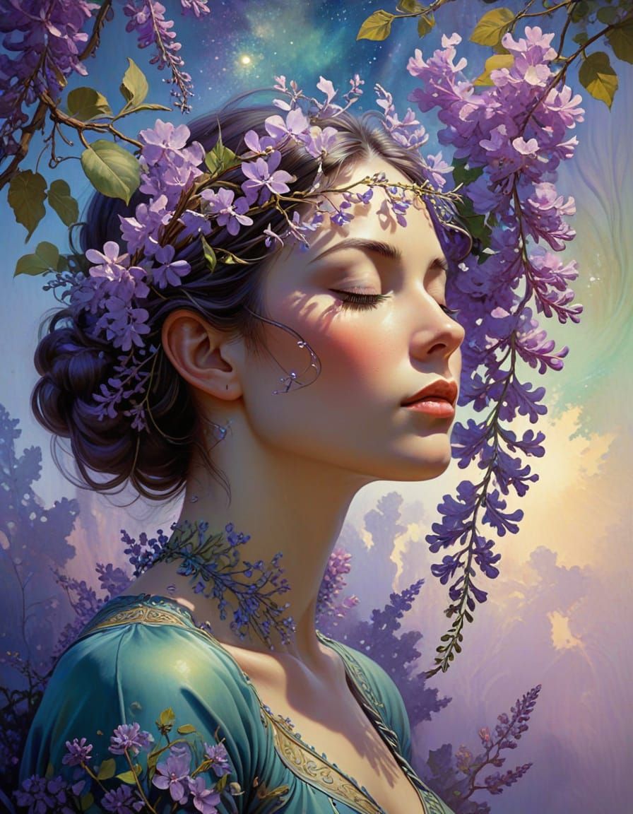 Ethereal Woman in a Galaxy of Blooming Wisteria