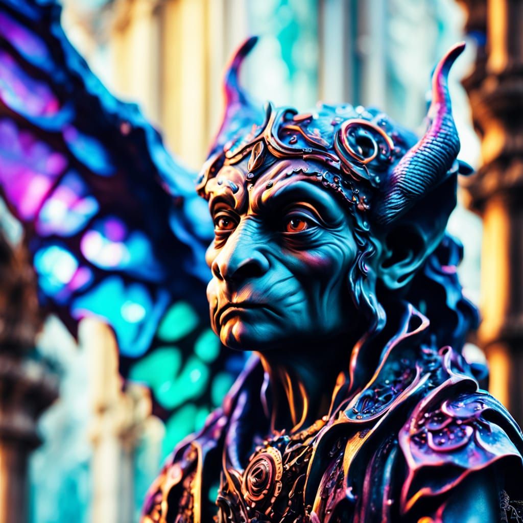 Grumpy Gargoyle Sipping Espresso in Gothic Cathedral