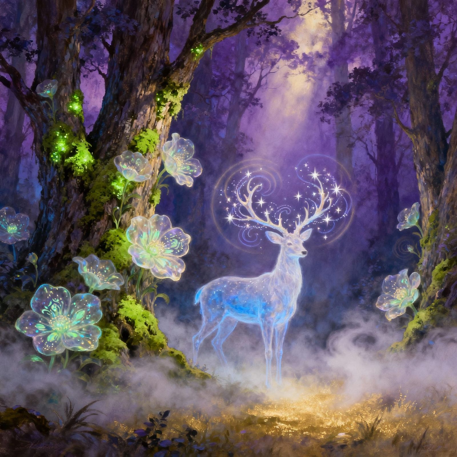 Enchanted Twilight Forest Clearing with Spectral Stag