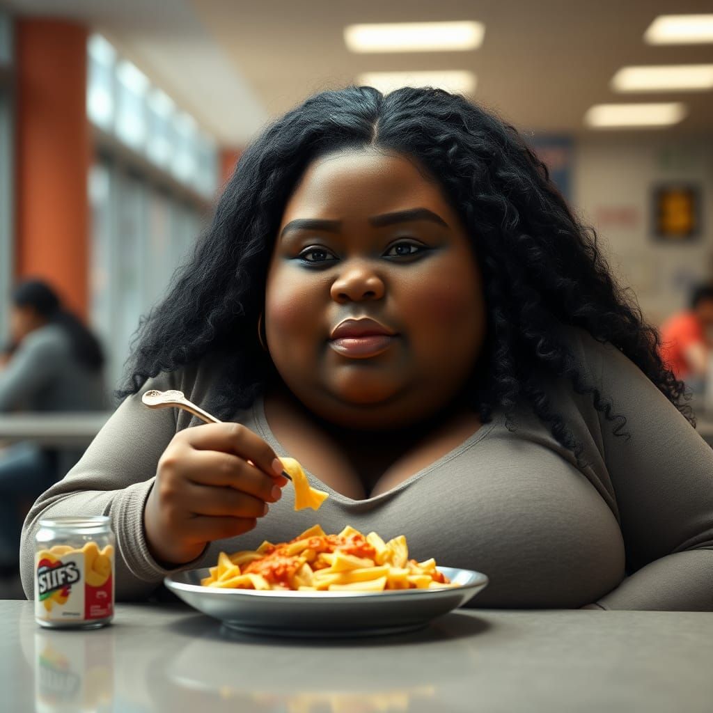 Joyful Plus-Size Girl Eating Pasta, 3D Game Art