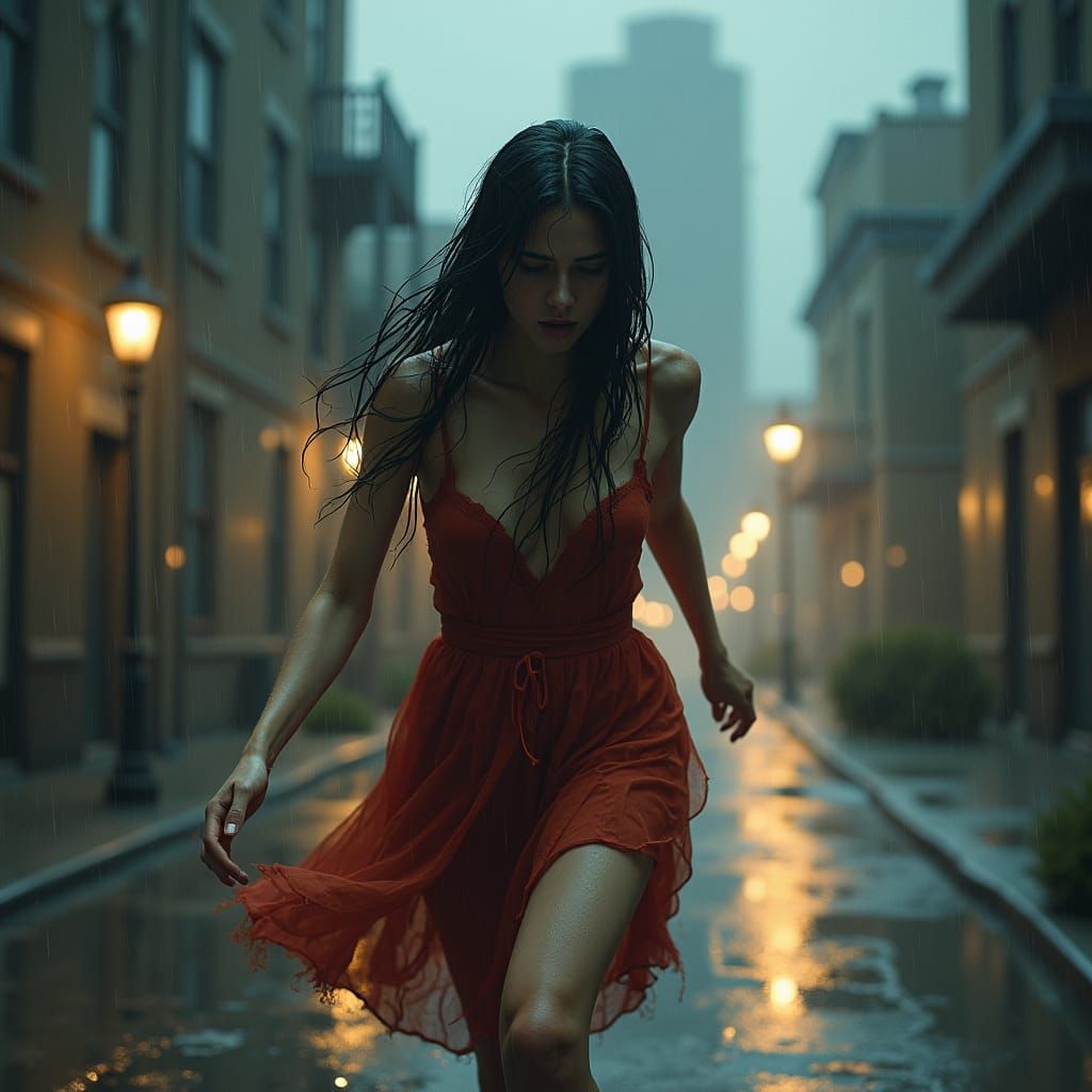 Heartbroken Woman Running in Rain-Soaked Cityscape