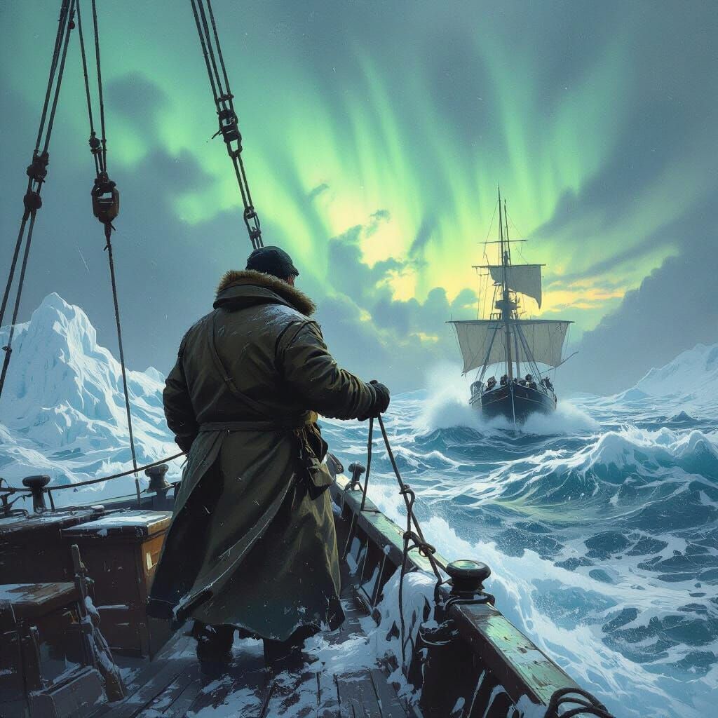Whaling Ship in Arctic Storm Under Aurora