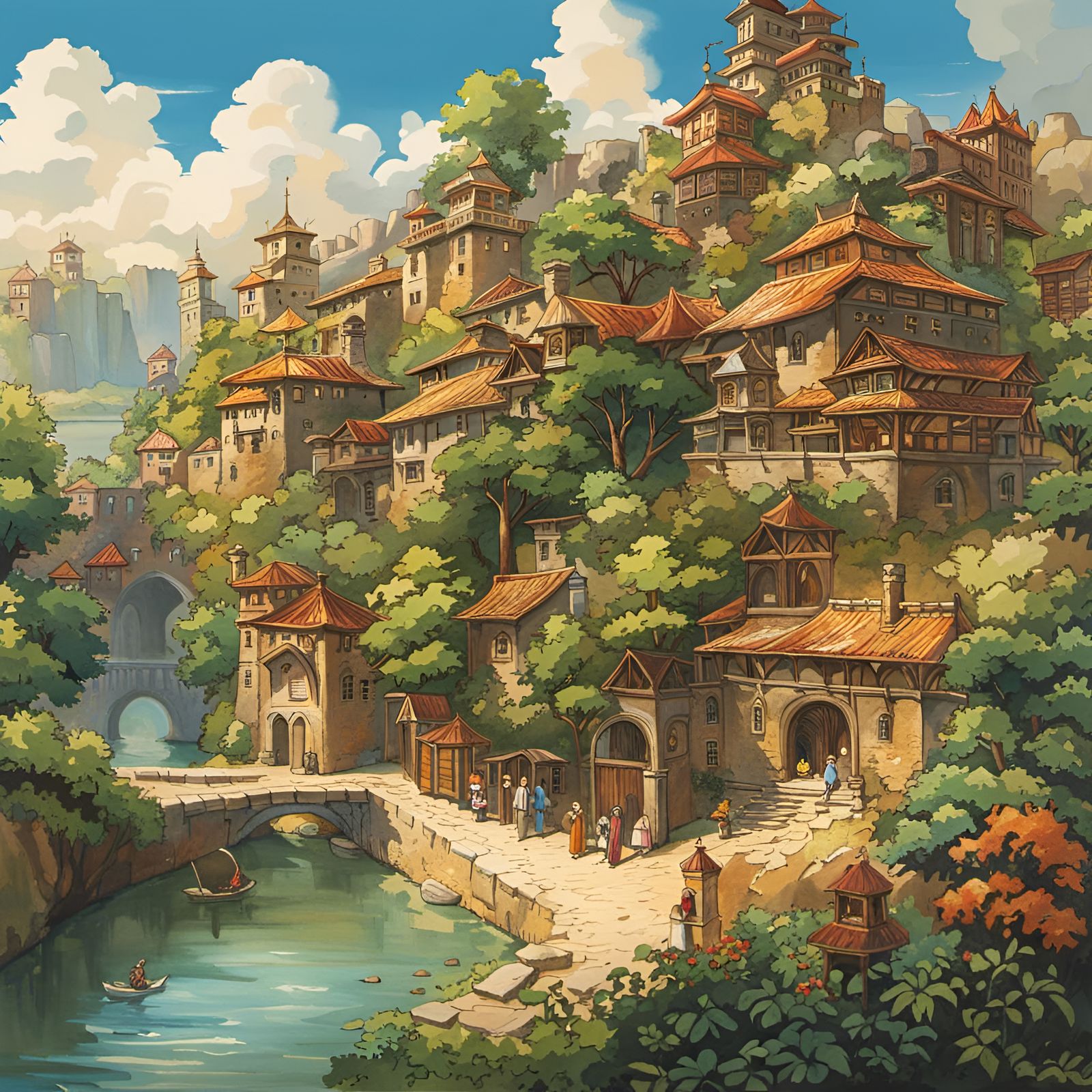 Watercolor Medieval City on Green Hills