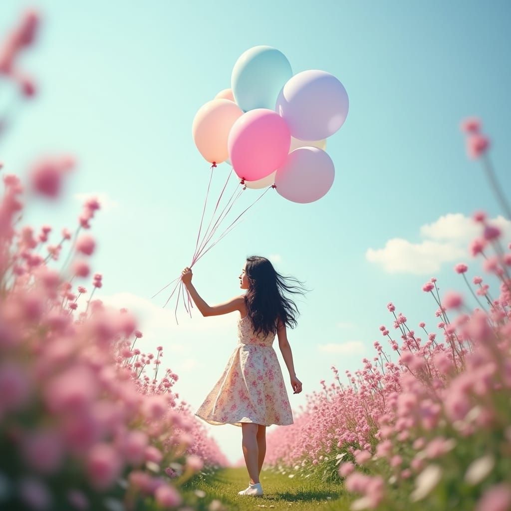 Japanese Woman in Pastel Flower Garden Photograph