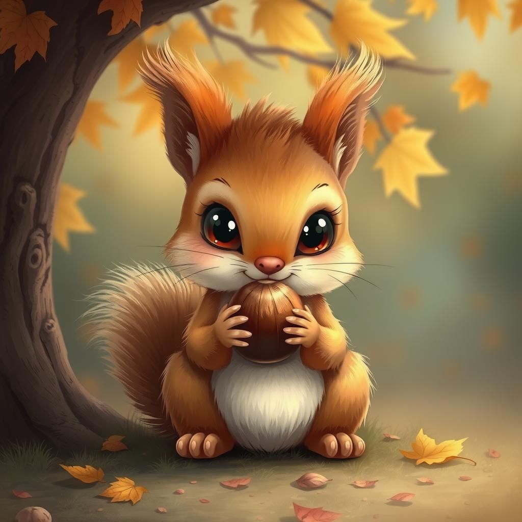 Adorable Fluffy Squirrel with Hazelnut in Autumn