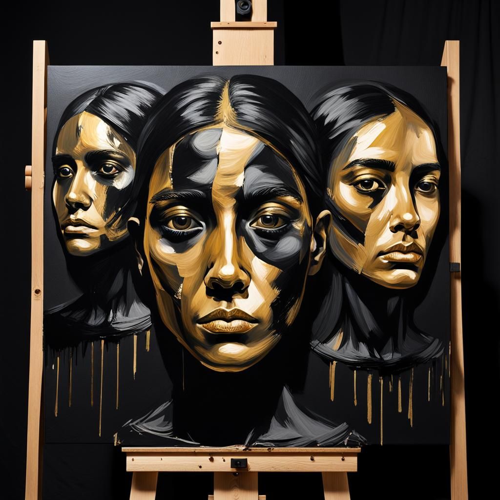 Recursive Black and Gold Faces in Grunge Style