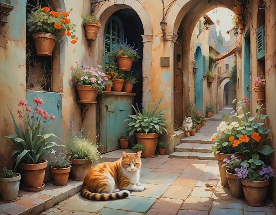 Mediterranean Alley with Cat, Dreamlike Oil Painting