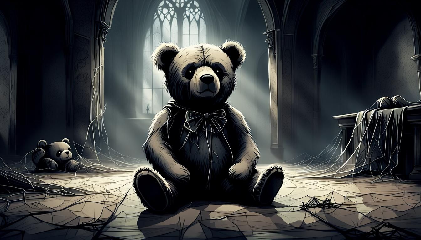 Melancholic Gothic Teddy Bear in Eerie Setting