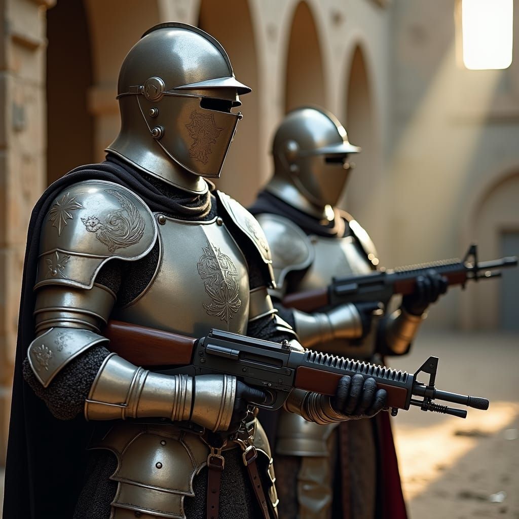 Knights with Machine Guns in Abandoned Courtyard