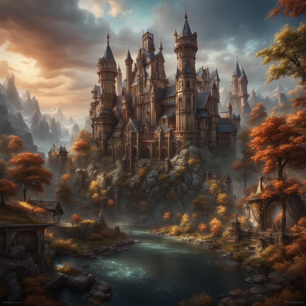 Epic Fantasy Castle Amidst Majestic Mountains in Vibrant Col...