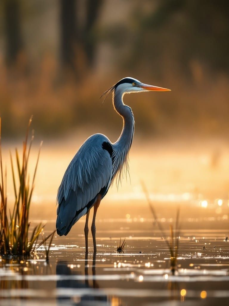 Great Blue Heron in Serene Wetland Dawn