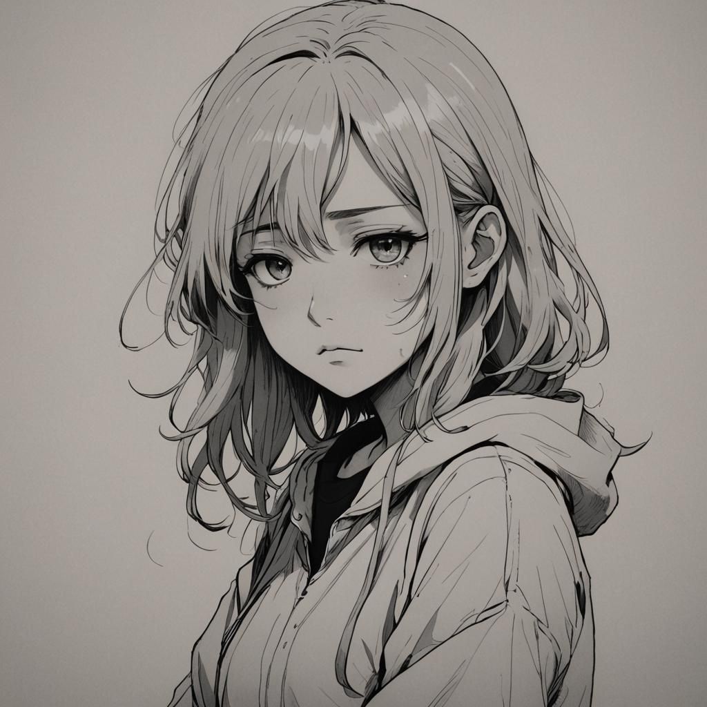 Sad Anime Girl in Japanese Manga Style