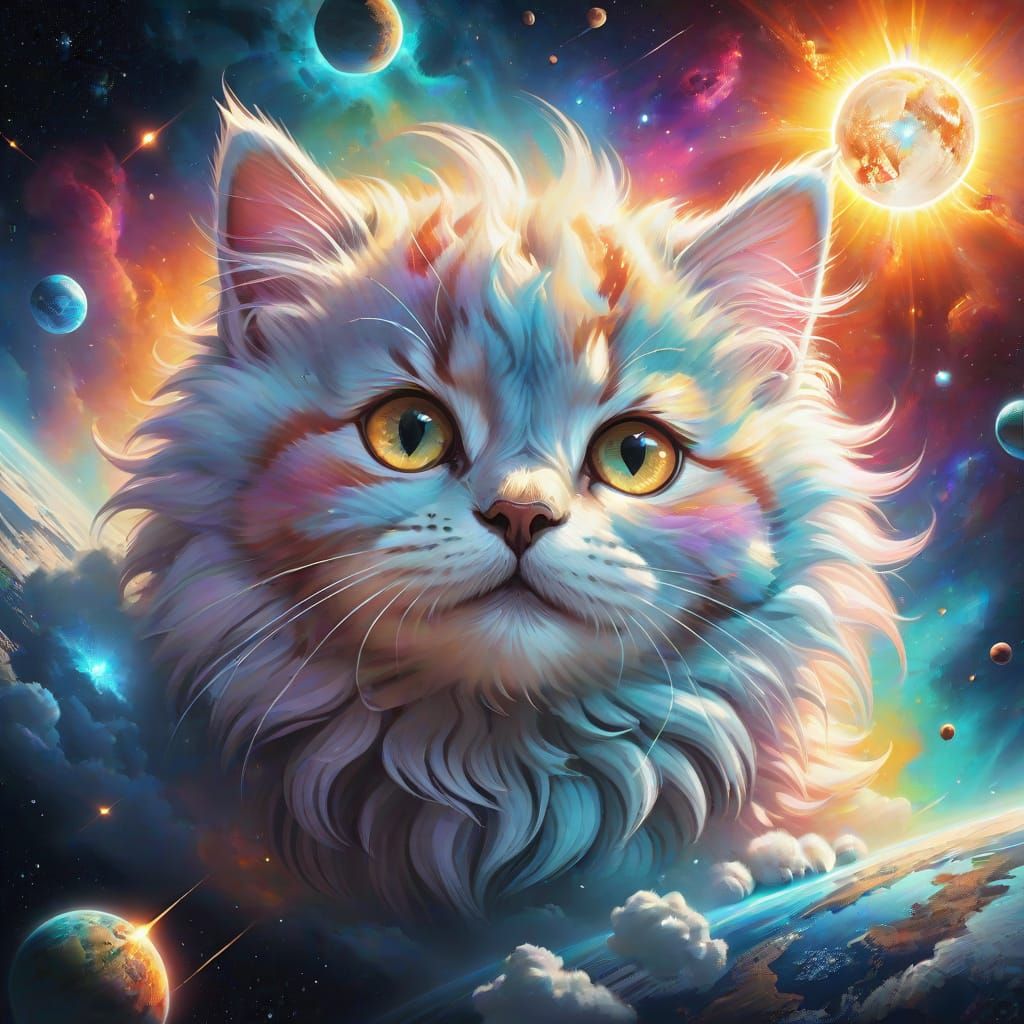 Kitten Planet Earth in Pastel Nebula: Digital Art