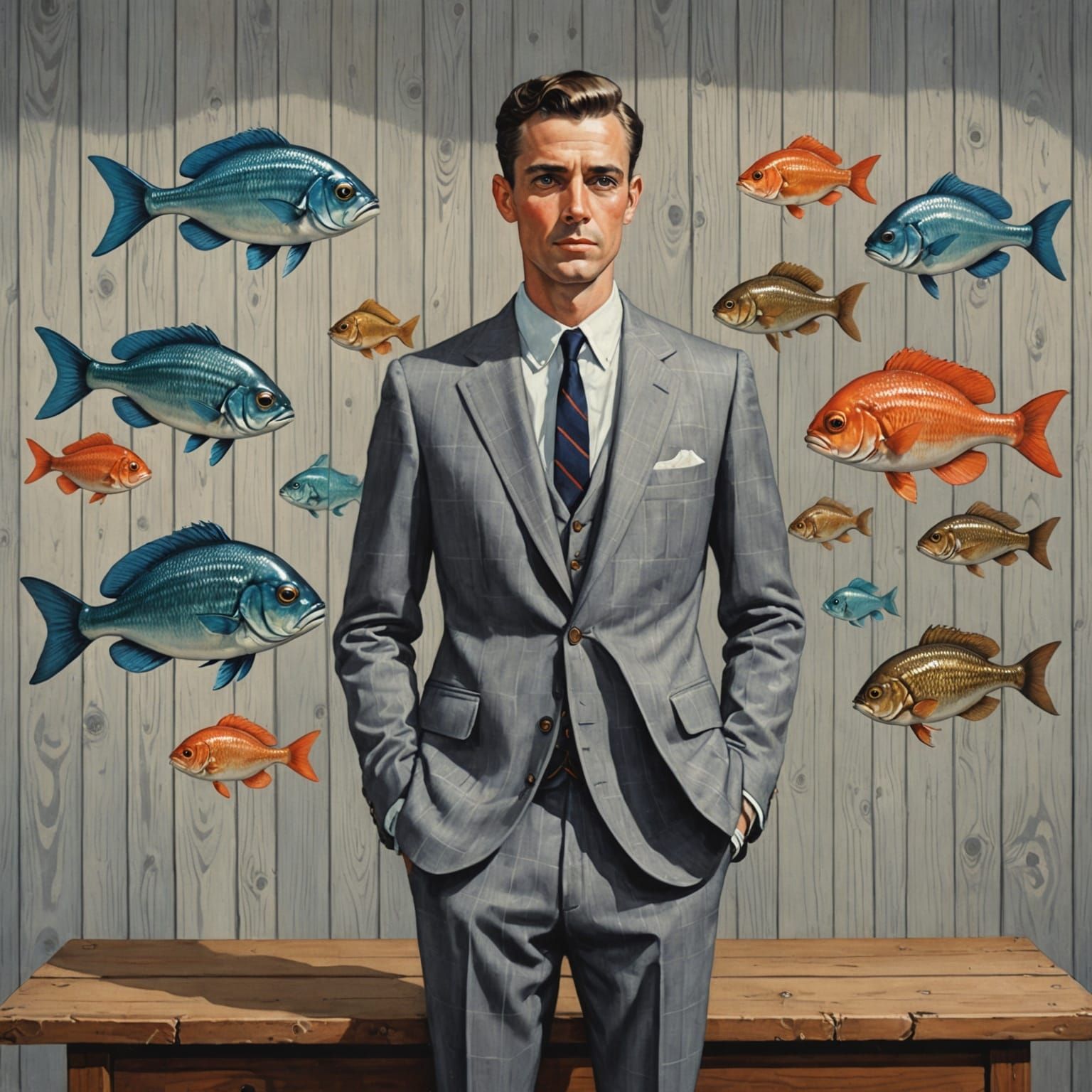 Abstract Gouache Illustration of Fishbowl-Headed Man