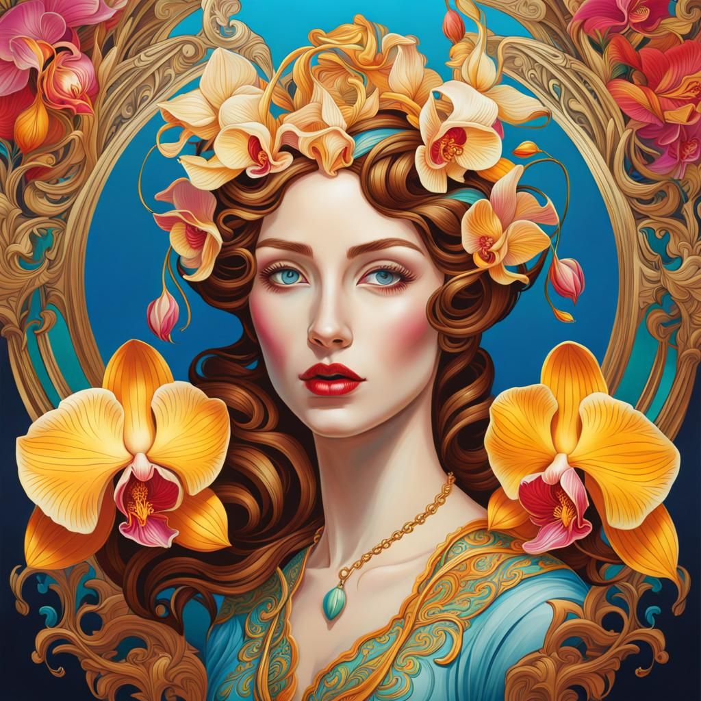 Orchid and Woman in Art Nouveau Rococo Style