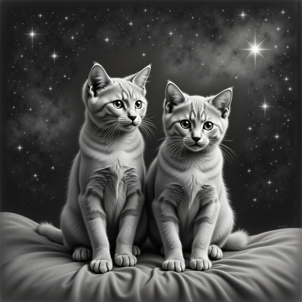 Two Cats Under Starry Night Sky in Charcoal Style