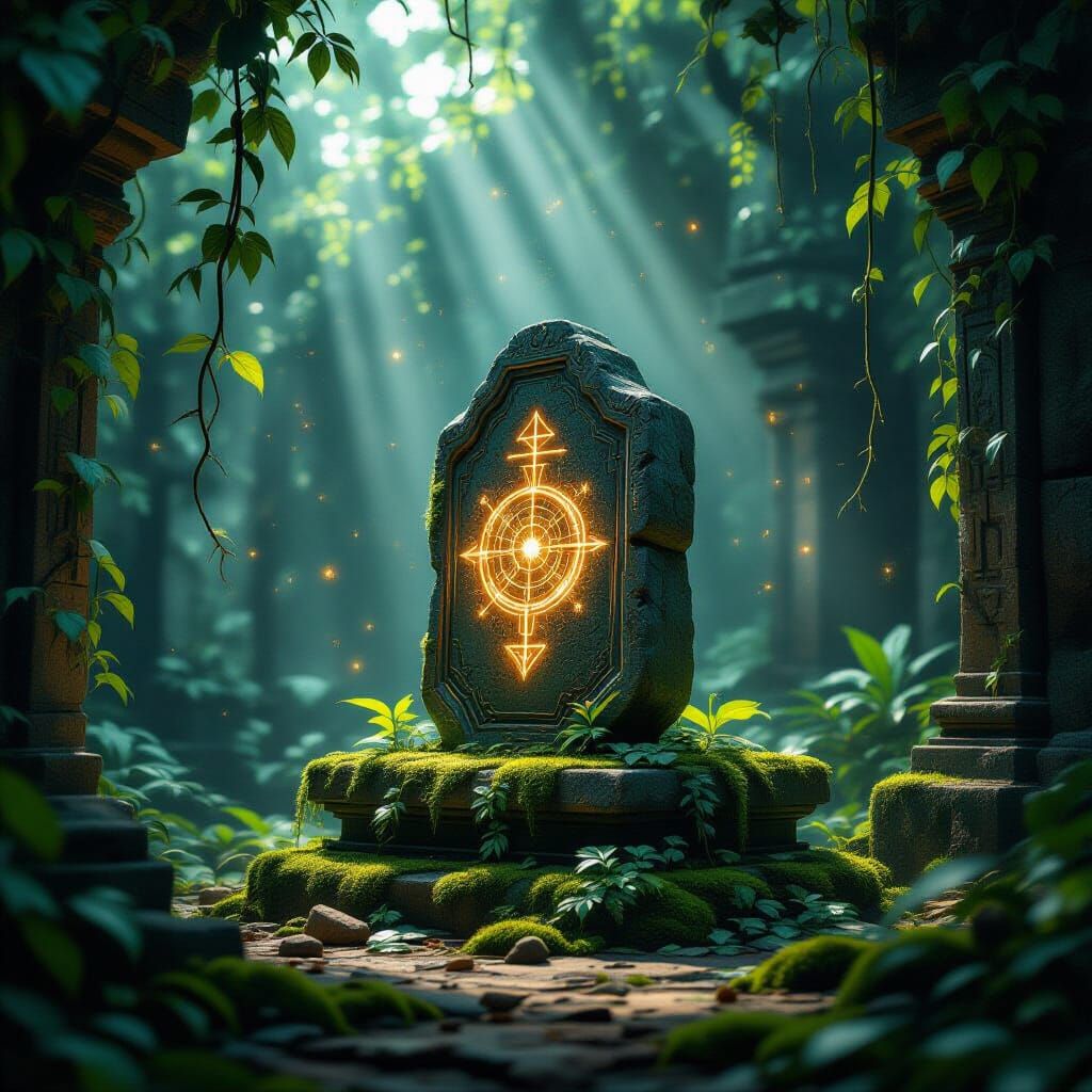 Ancient Jungle Temple Artifact with Celestial Symbols