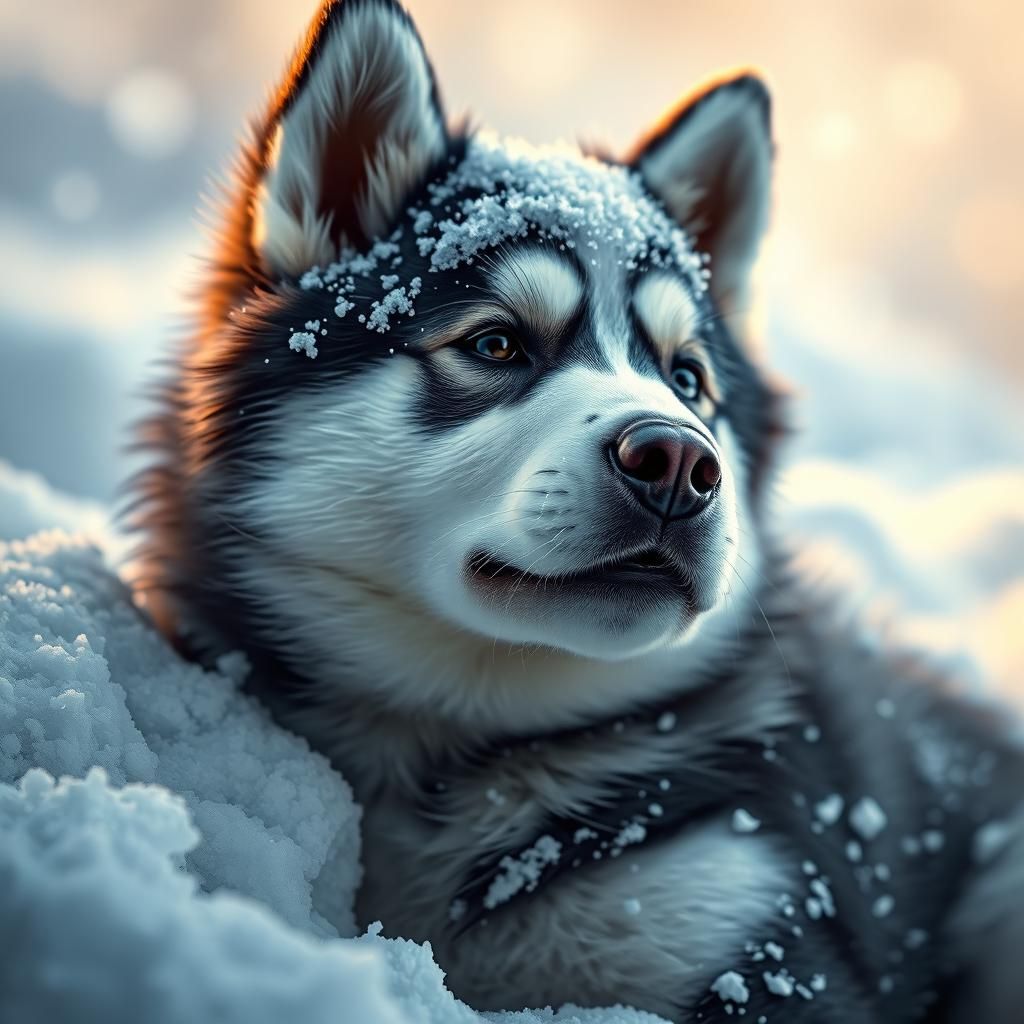 Hyperrealistic Husky Puppy Covered in Snow