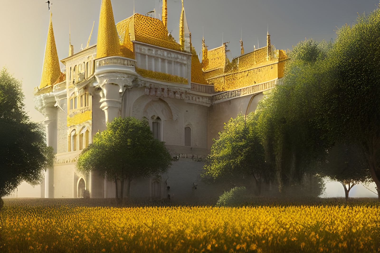 Golden Flowers Surround White Marble Castle