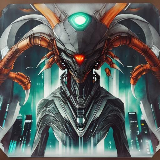 Alien Creature in Dystopian Cityscape: Double Exposure Photo