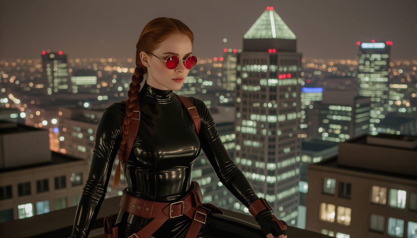 90s Film Still: Woman in Latex on London Tower Block