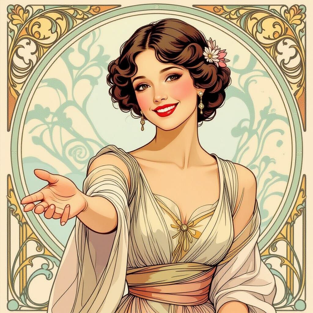 Elegant Woman Extends Hand in Art Nouveau Style