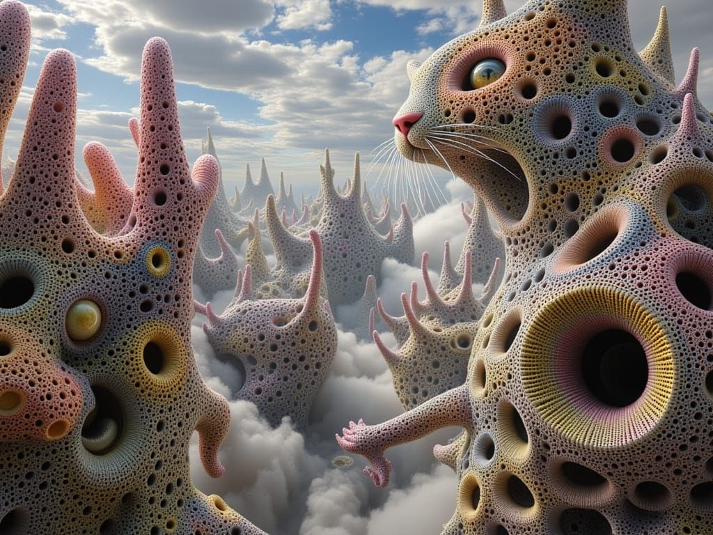 Surreal Futuristic Cityscape with Cat People and Fractal Tre...