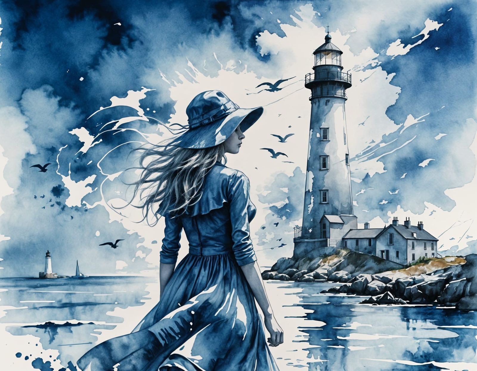 Girl in Blue Lighthouse Watercolor Painting