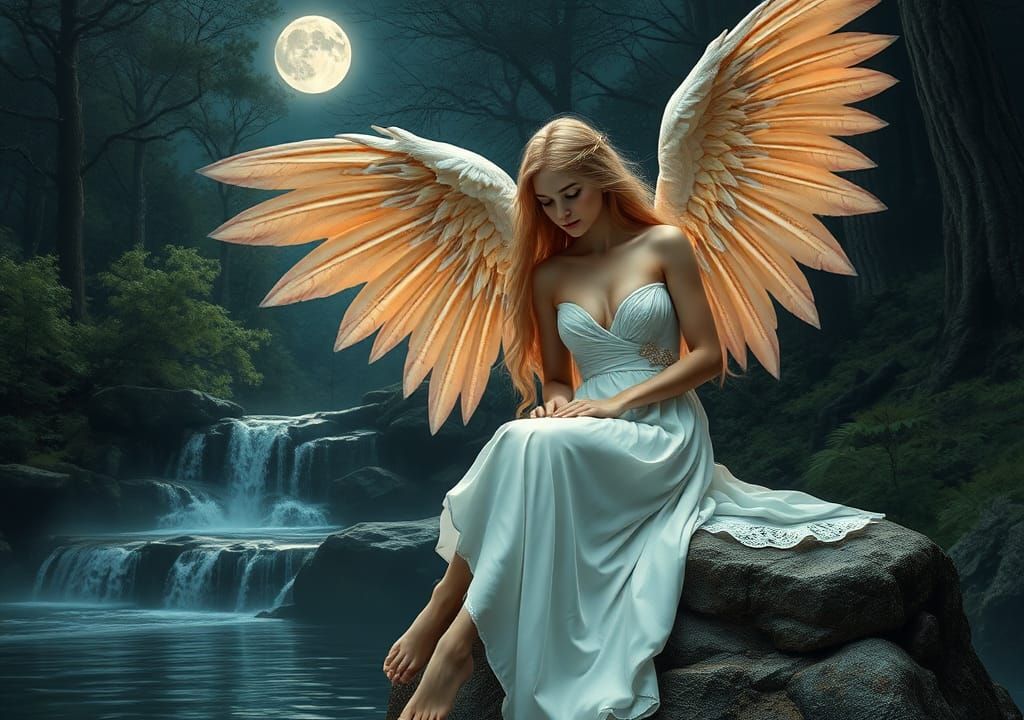 Fallen Angel in Moonlit Forest Fantasy Scene