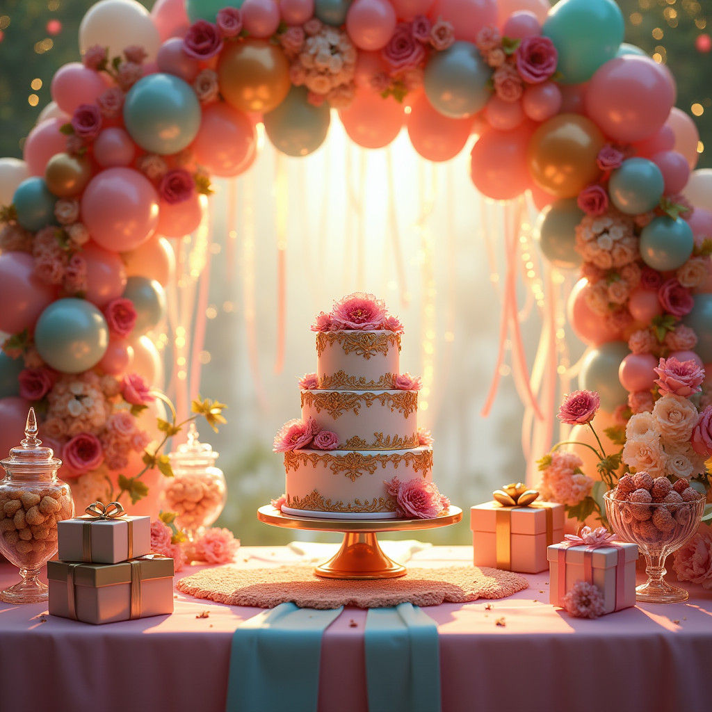 Festive Party Table with Balloons and Cake