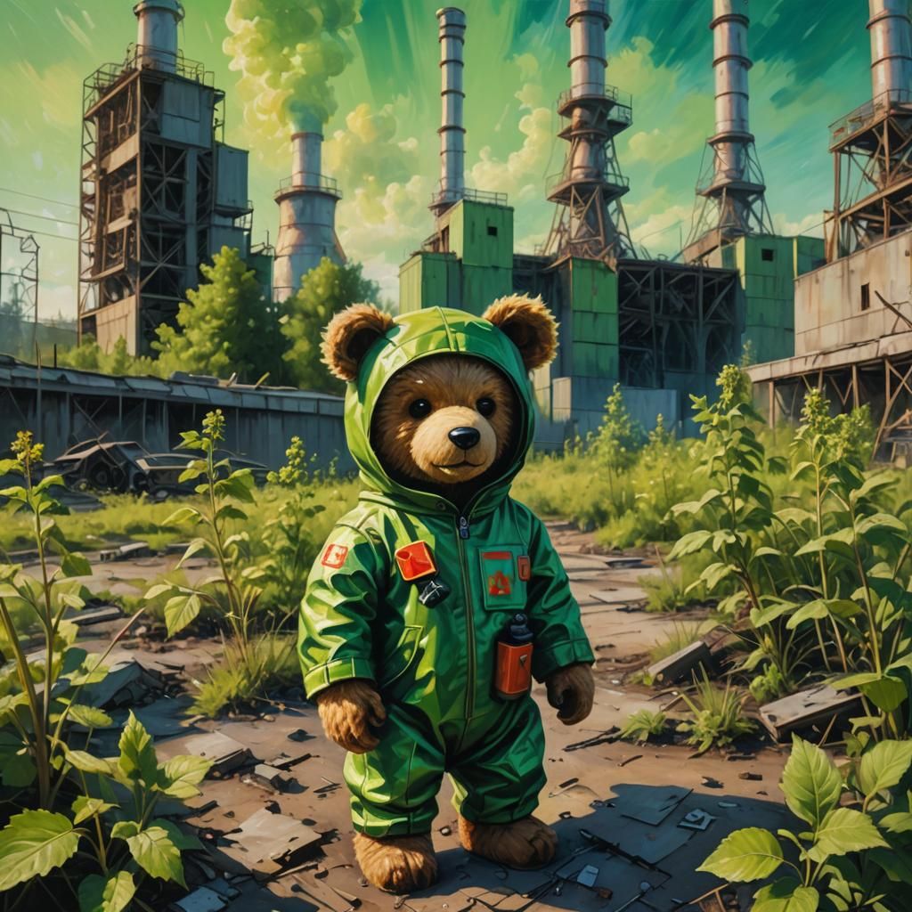 Radioactive Teddy Bear in Chernobyl, Street Art Style