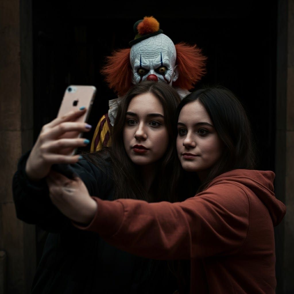 Creepy Clown Photobombing a Selfie: Cinematic Still