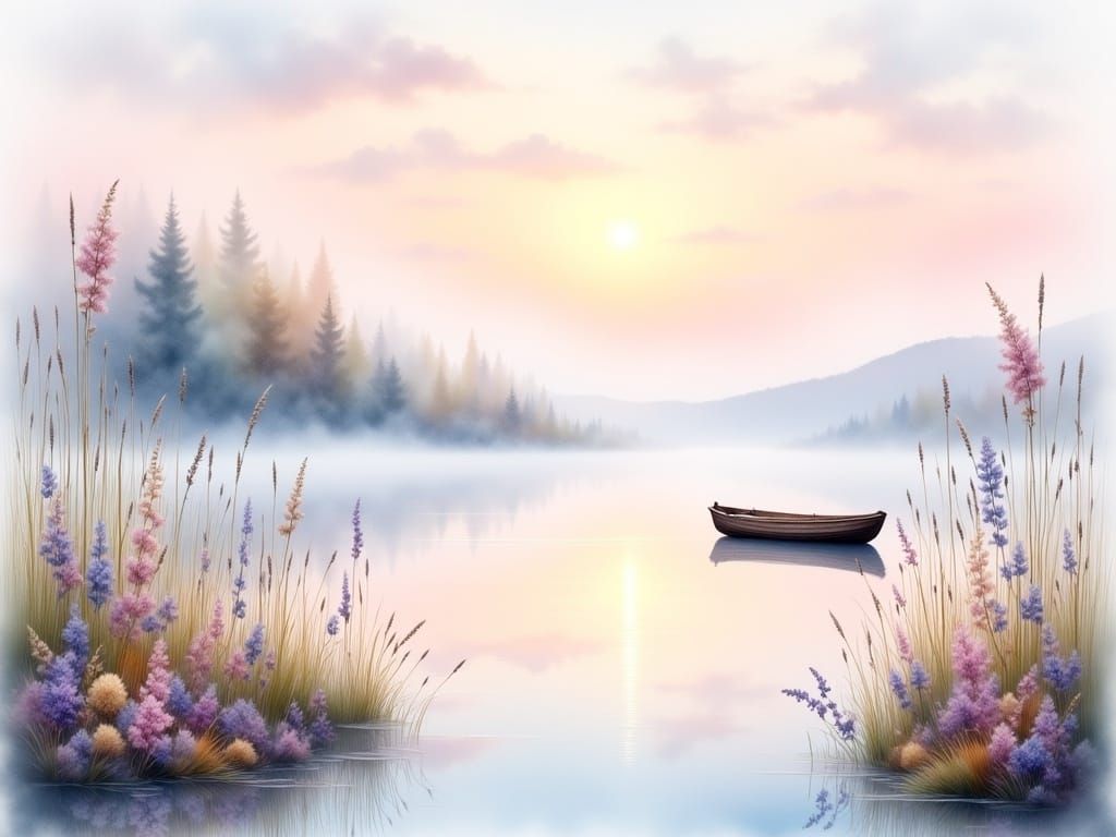 Serene Lakeside Morning in Soft Watercolor