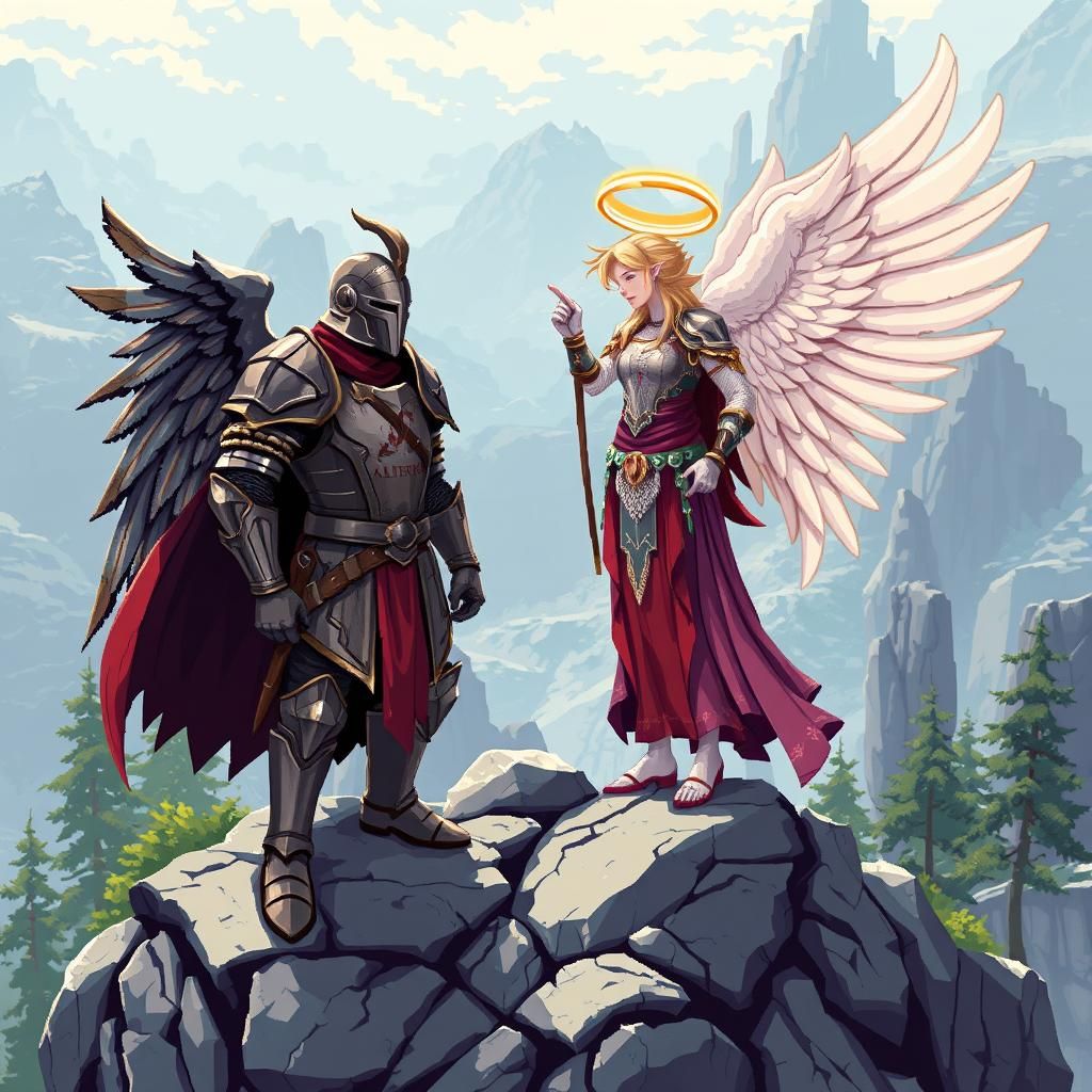 Armored Knight and Angel: 8-bit Pixel Art Mountain