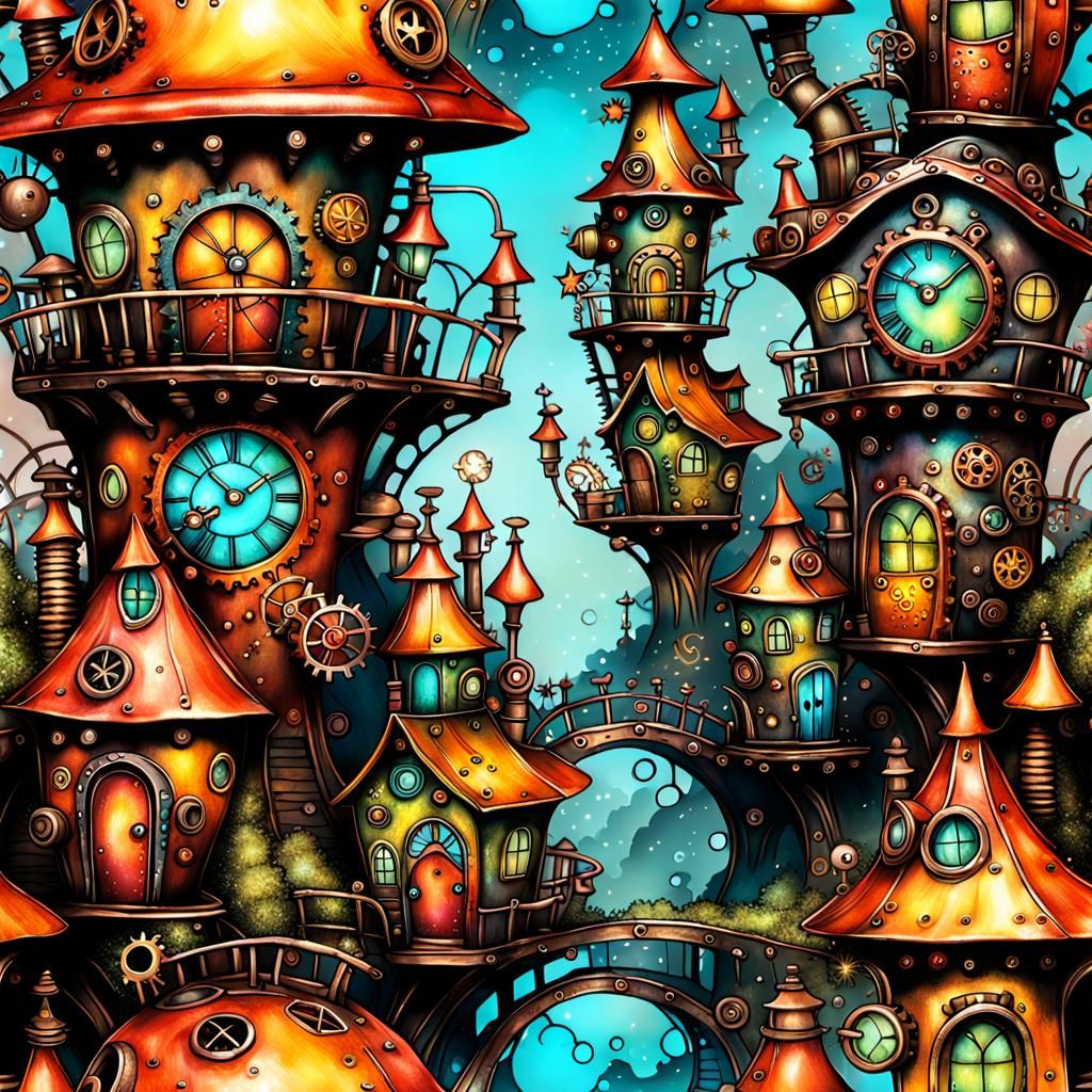 Colorful Steampunk Fairy Village in 3.5D