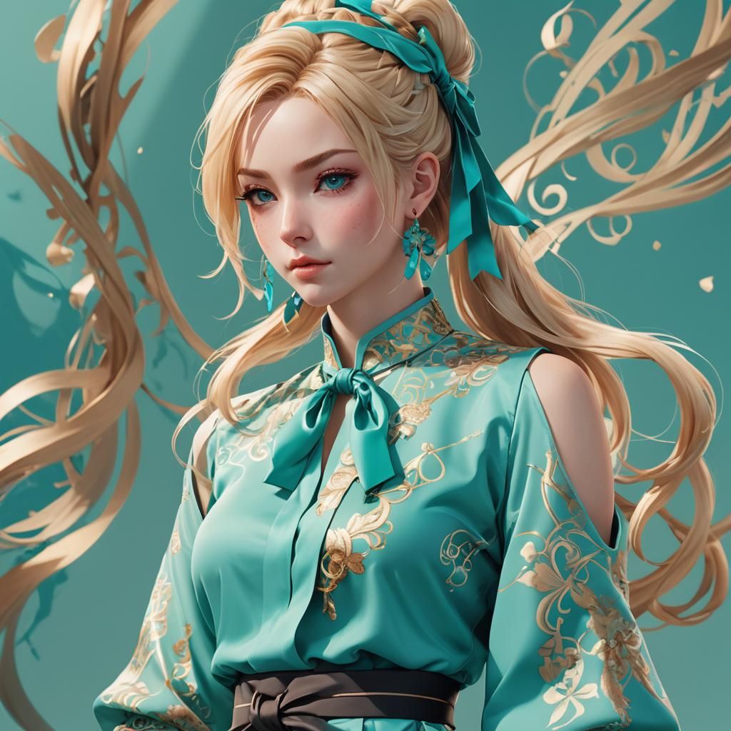 Elegant Anime Woman in Turquoise, 3D Art