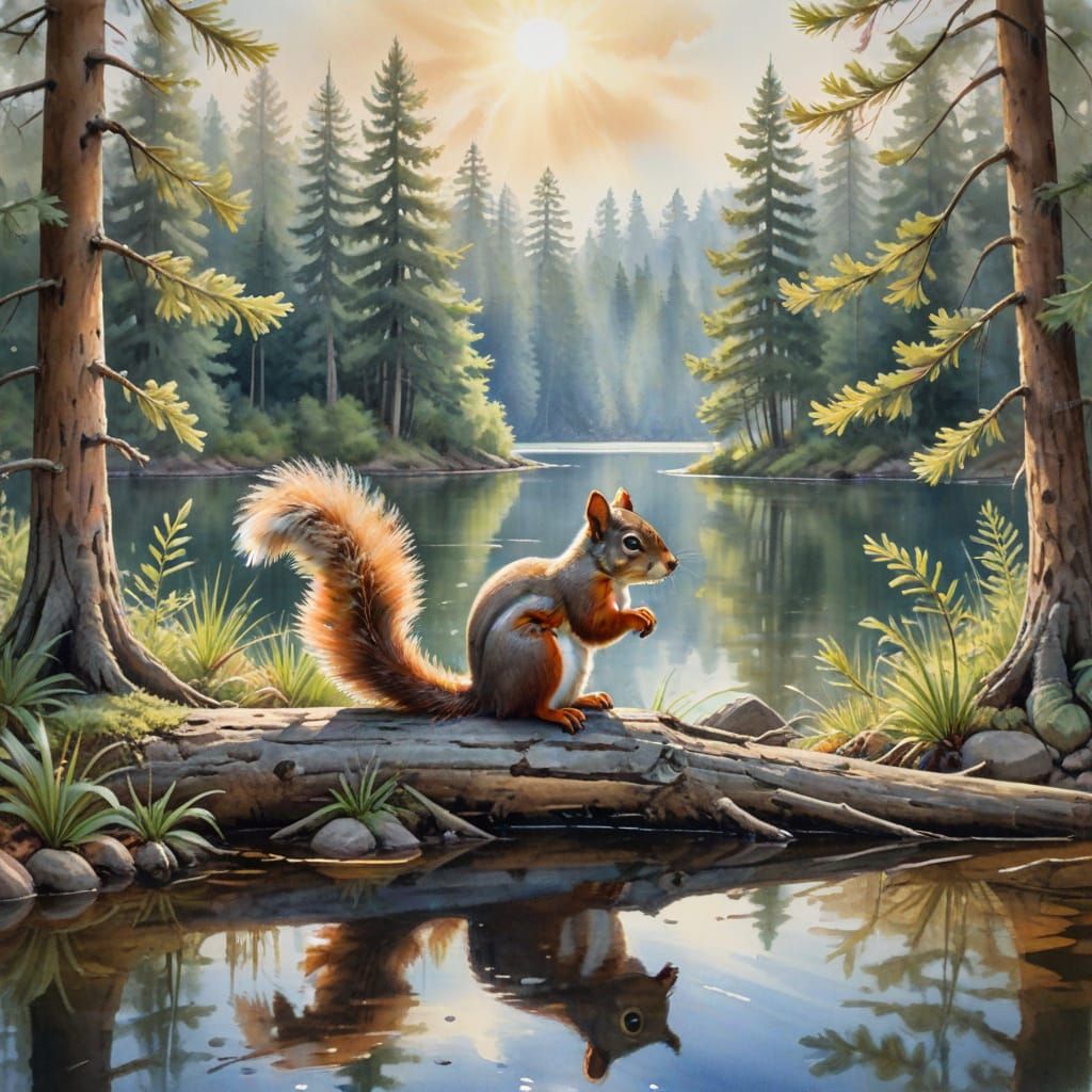 Squirrel in Forest Lake: Watercolor Landscape