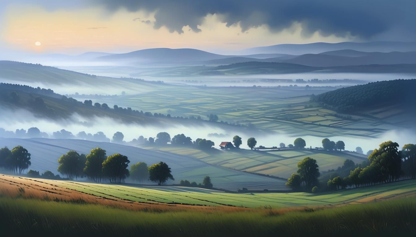 Serene Rural Landscape Oil Painting at Sunrise