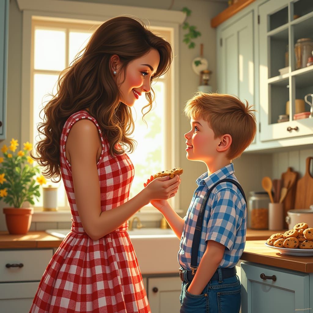 Warm Gingham Farmhouse Scene with Mother and Son