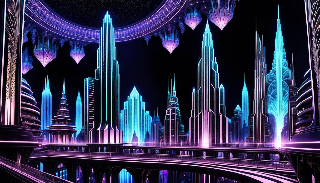 Neon Fractal Crystal City in Retro SF Style
