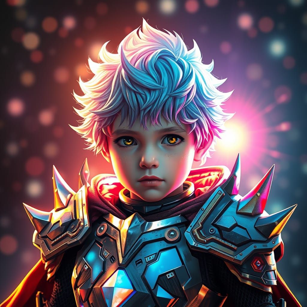 Child Warrior with Iridescent Hair in Futuristic Armor