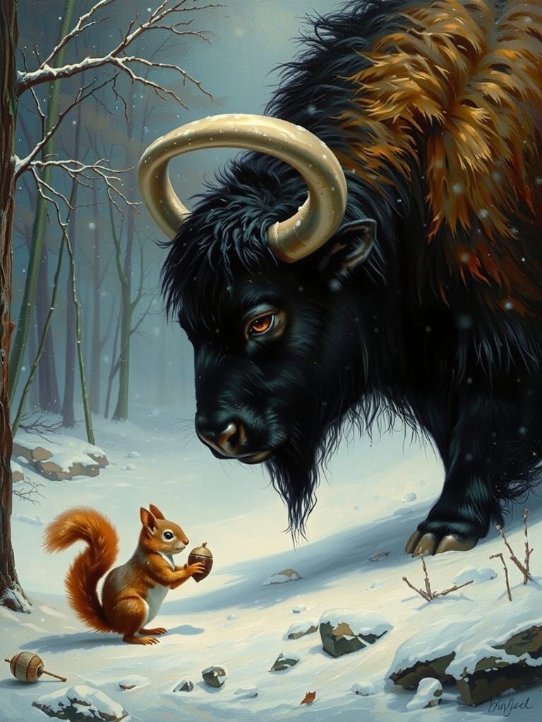 Majestic Yak Protects Squirrel in a Whimsical Winter Wonderl...