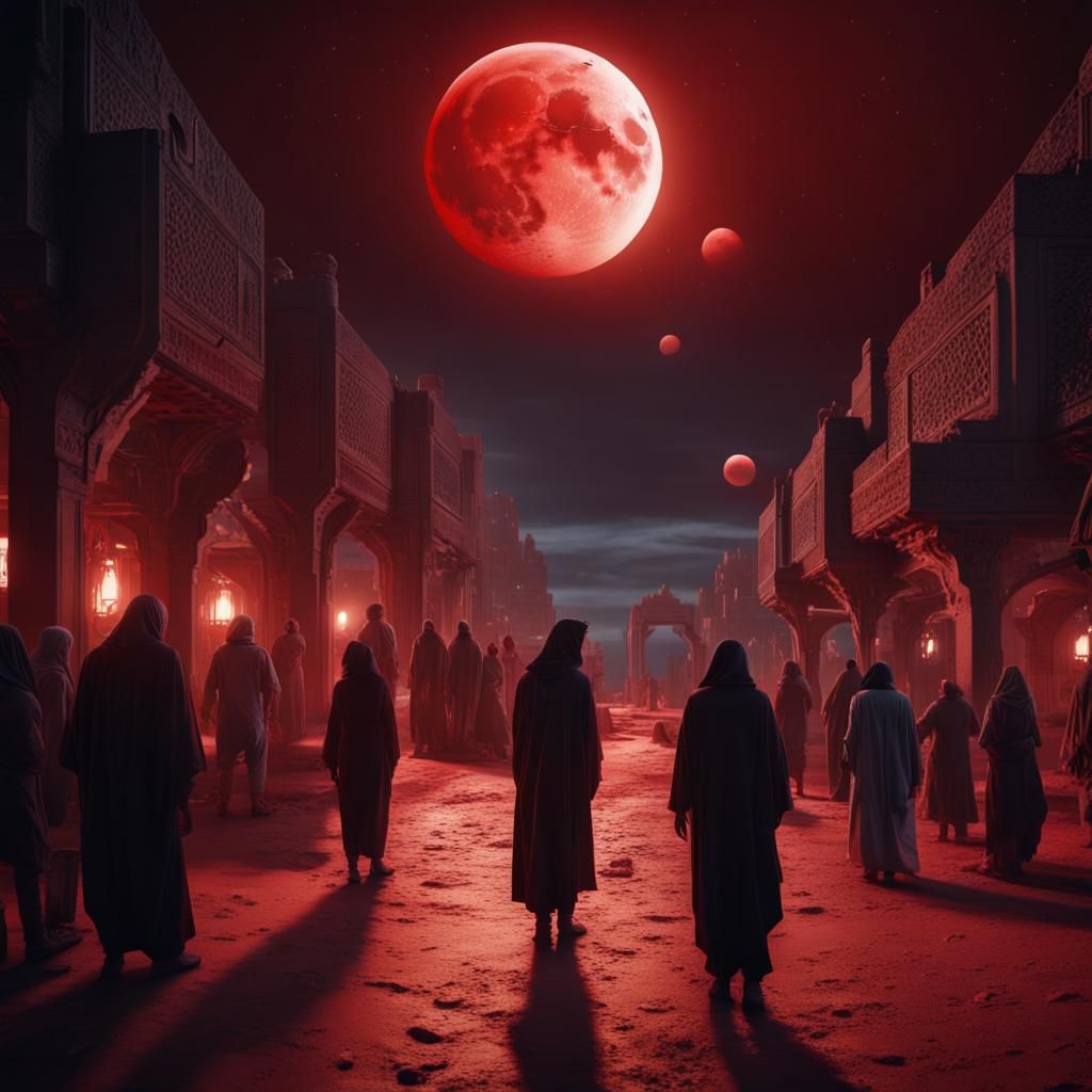 Ecliptic Red Moon Over Modern Arabic City