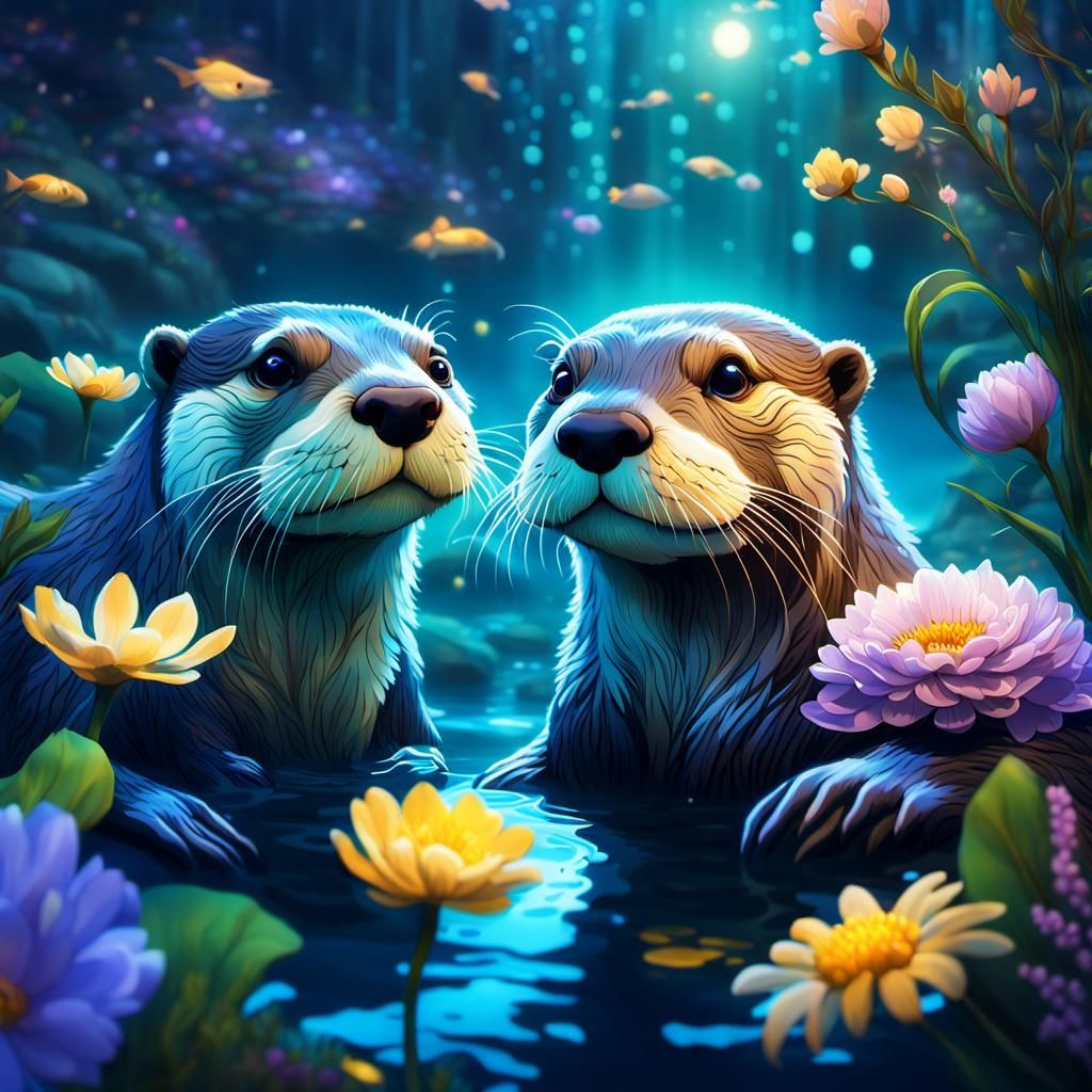 Luminescent Otters in a Magical Underwater River