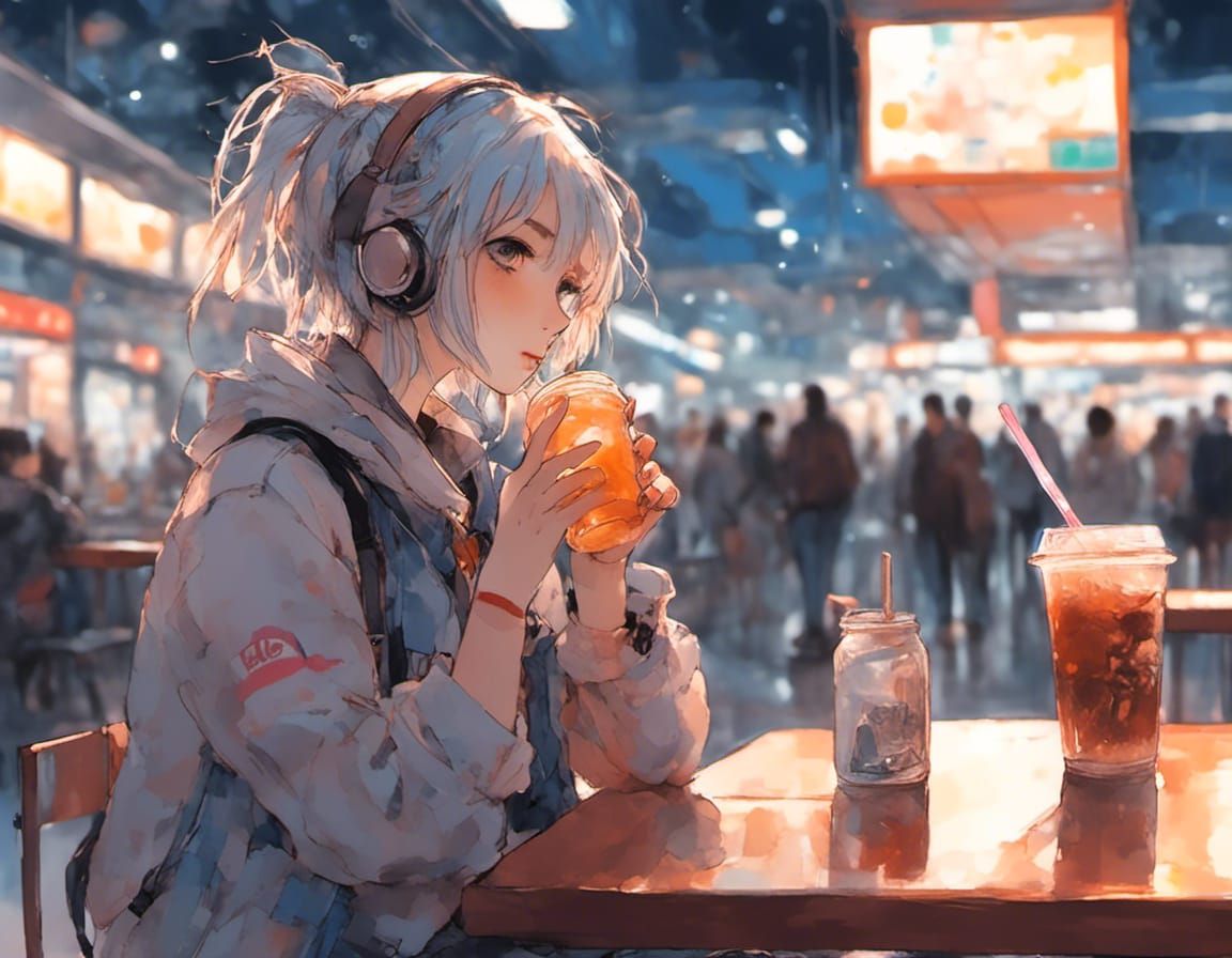 Fantasy Cosplay Girl Sipping Soda at Night