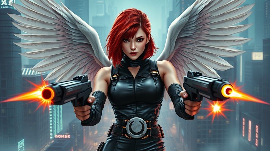 Cyberpunk Warrior Angel in Neon-Lit Metropolis