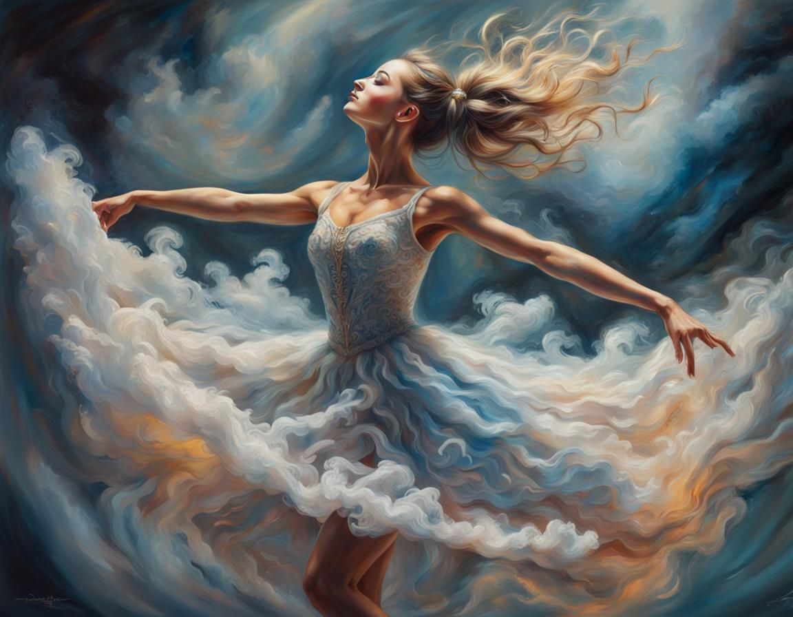 Glass Ballerina Dancing with Cloud Dress, Oil Painting